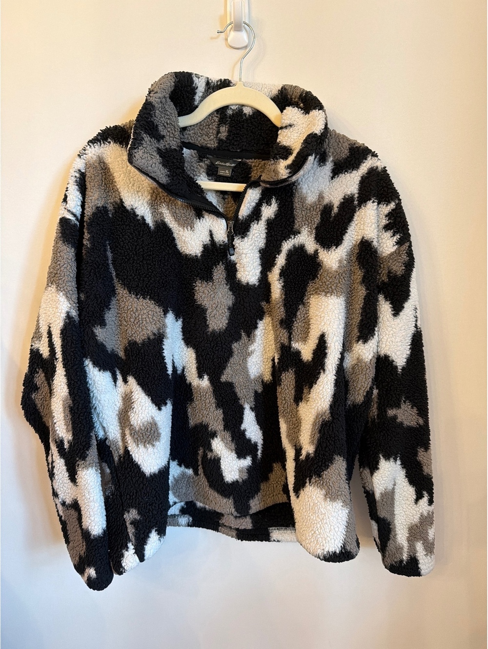 Eddie Bauer Women's XL Sherpa Fleece Pullover 1/4 Zip Black White Cozy Camo
